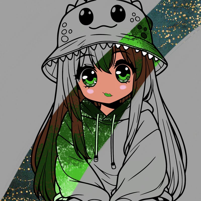 girl with anime shaped eyes with a dinosaur bucket hat oversized sweatshirt long straight hair