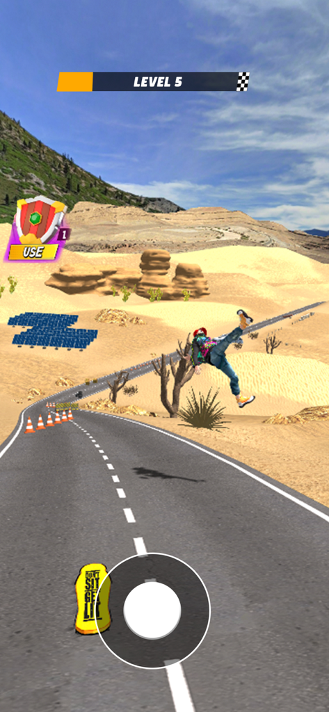 Extreme Downshift Racer - Um personagem realizando uma manobra de skate no ar em uma estrada deserta no jogo mobile Extreme Downshift Racer