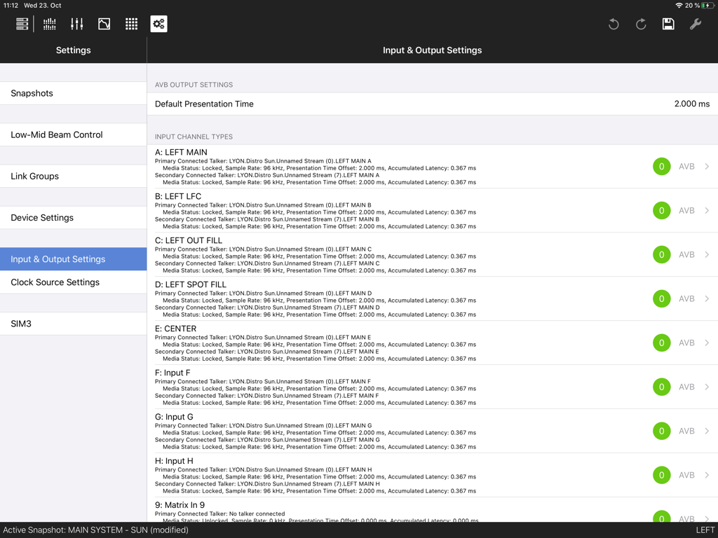 Compass Go by Meyer Sound - Interface of Compass Go app showing professional audio input and output channel settings and AVB stream data