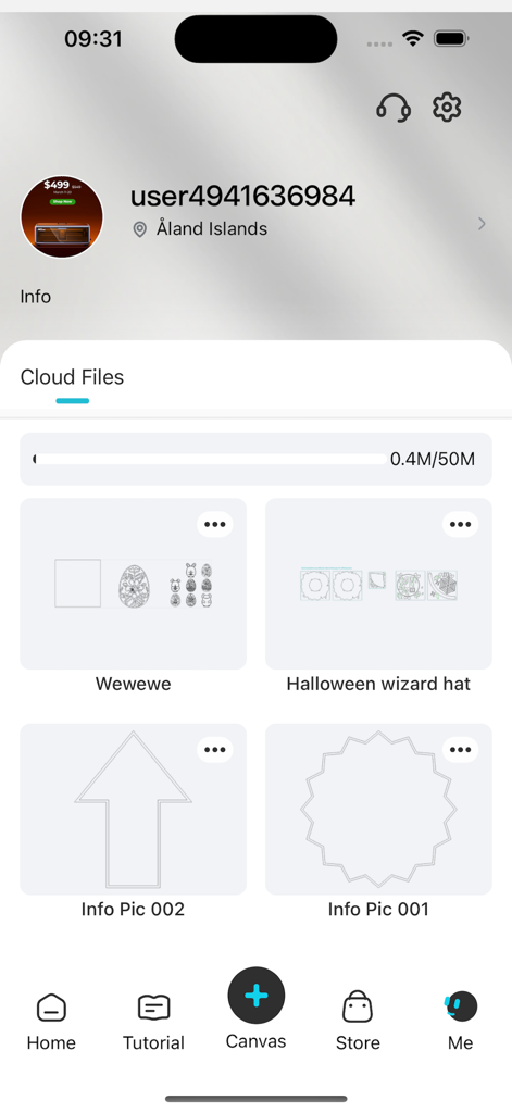 Falcon Design Space app interface showing cloud storage for laser engraving designs and user profile details
