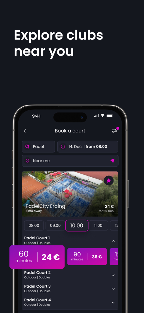 PadelCity – Book Padel Now - Schermata di uno smartphone dell'app PadelCity che mostra le opzioni per prenotare un campo da padel presso un club nelle vicinanze