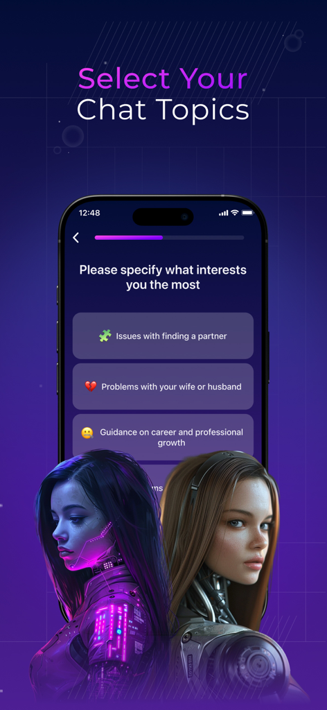 Sentia: Chat with AI Character - Sentia app screen for selecting personalized chat topics with an AI companion