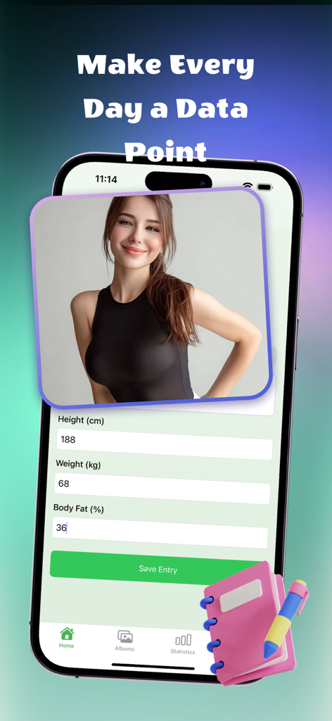 Ezacula - Écran de l'application Ezacula pour suivre les progrès de remise en forme avec des journaux de mesures corporelles et une photo de profil