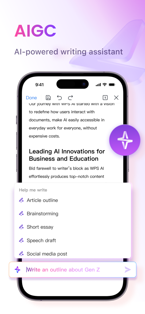 WPS Office AI 글쓰기 기능(기사 개요, 브레인스토밍 옵션 포함)을 보여주는 스마트폰 화면.