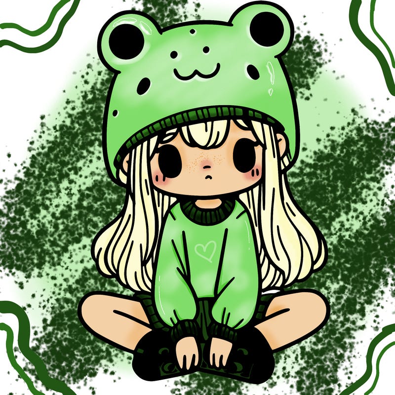 a girl wearing a frog hat and some frog socks