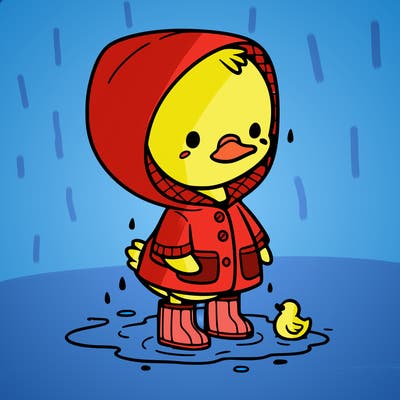 baby duck in a rain coat and boots, in a puddle while it’s raining