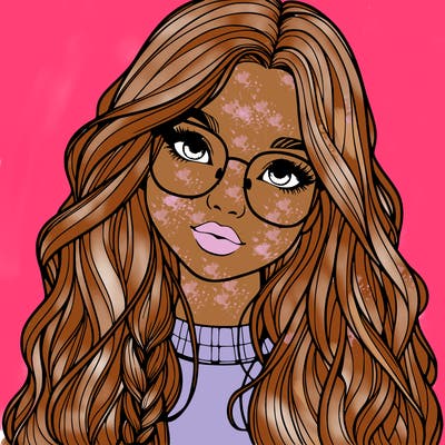 girl with long hair and freckles and glasses realistic