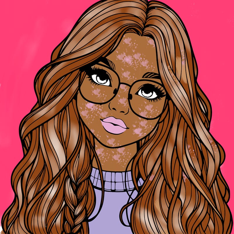 girl with long hair and freckles and glasses realistic