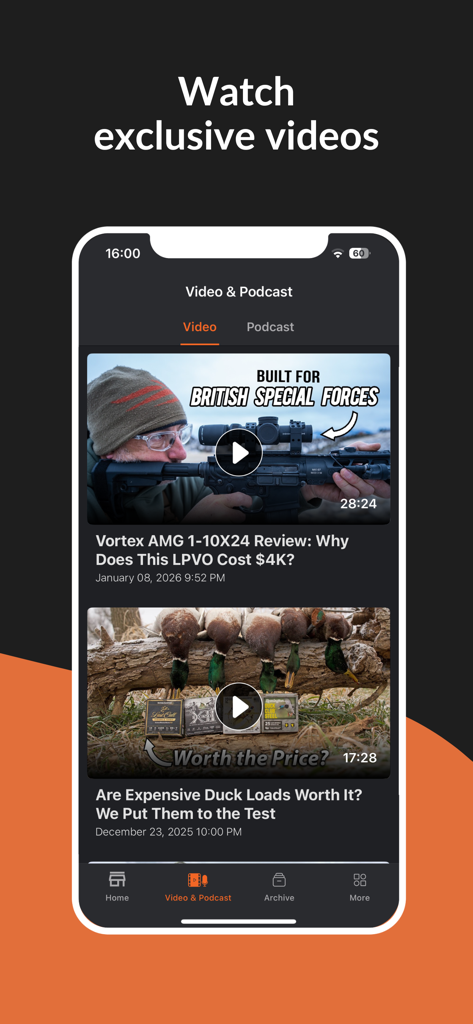 Outdoor Life - Smartphone displaying the Outdoor Life app video section with hunting gear reviews and field tests