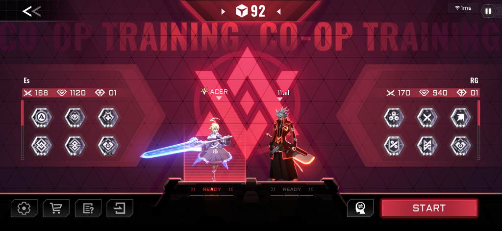 Un menú cooperativo de entrenamiento en BlazBlue Entropy Effect que muestra estadísticas de personajes y construcciones de habilidades.