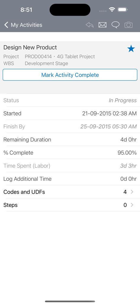 Aplicativo móvel Oracle Primavera P6 mostrando detalhes da atividade do projeto e rastreamento de status
