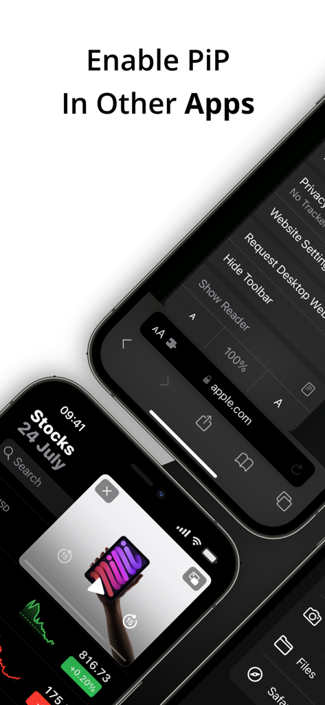 Pantalla de iPhone mostrando una ventana de video flotante sobre la aplicación Stocks usando el modo Picture in Picture