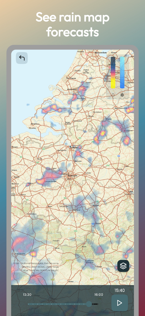 Gusty - weather dashboard - Previsione interattiva della mappa delle piogge che mostra i modelli di precipitazione sulla dashboard meteo di Gusty.