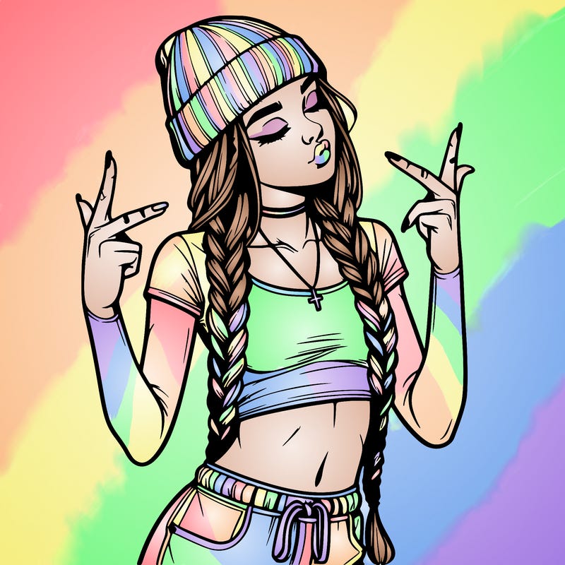 realistic teenage girl with braids and a beanie and crop top doing 🫶🏼