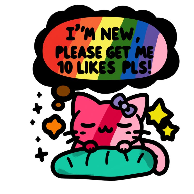 kitty taking a nap dream talking and saying "i'm new, please get me at least 10 likes pls!!"