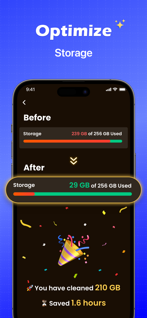 iPhone screen showing storage optimized from 239GB to 29GB using Boost Cleaner app