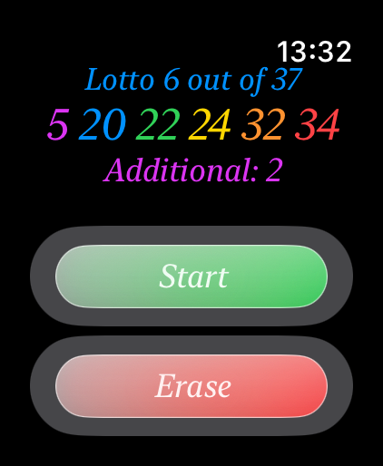 AB IsraLotto - AB 이스라엘 로또 앱의 Apple Watch 인터페이스, 로또 6/37 및 추가 번호용 생성된 무작위 번호와 시작 및 지우기 버튼 표시