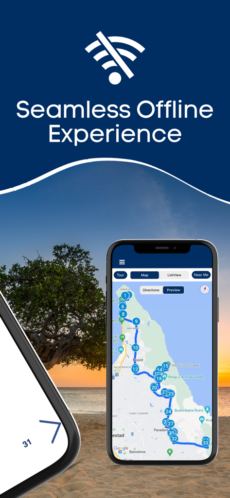 Aruba Self-Guided Island Tours - Aruba self guided island tour app map displayed on a smartphone over a sunset beach background emphasizing offline use