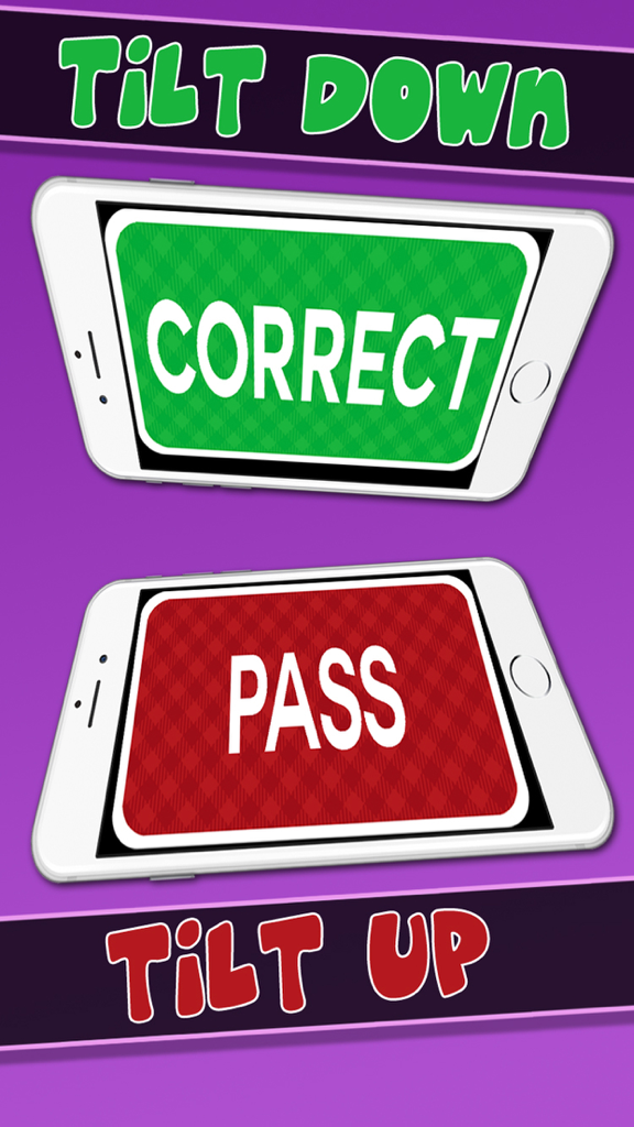Game instructions for Charades Up showing phone tilt gestures for correct and pass answers.