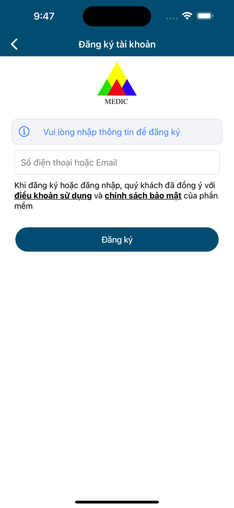 Medic Hoà Hảo - Khám bệnh - Medic Hoa Hao app account registration screen showing phone and email input fields