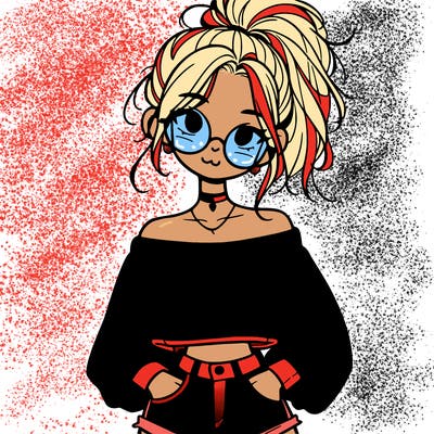 girl with a messy ponytail glasses a baggy crop top and jean shorts