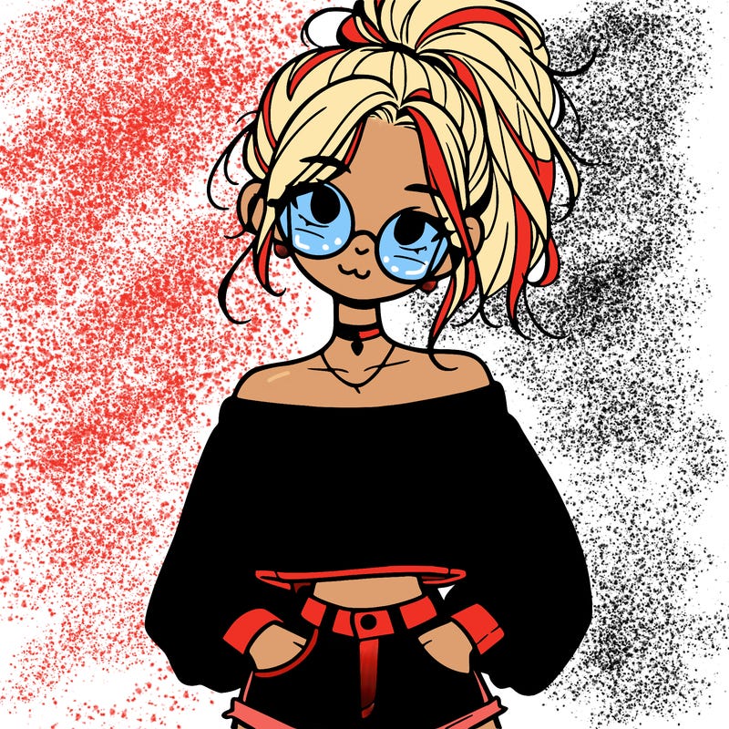 girl with a messy ponytail glasses a baggy crop top and jean shorts