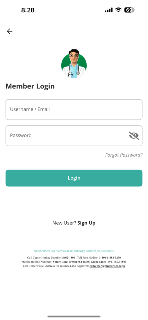 Login screen for the HeyPhil 2.0 app showing fields for username and password for PhilCare members.