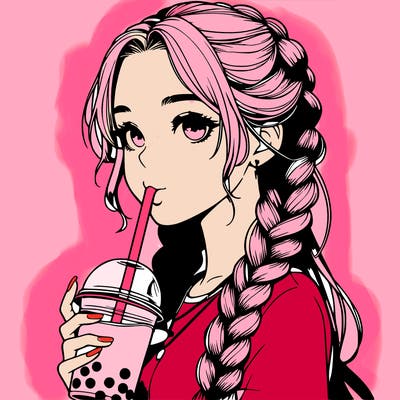 realistic girl with braided hair drinking boba