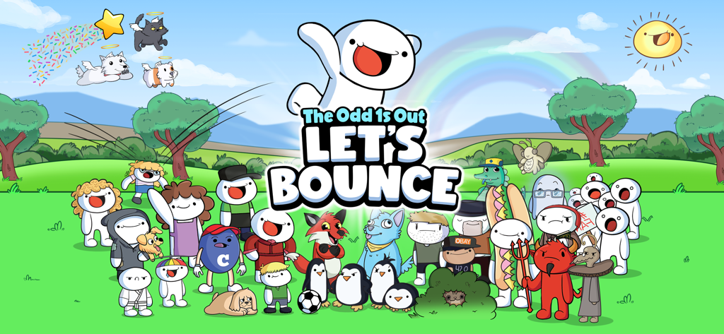TheOdd1sOut: Let's Bounce - Promotional artwork for TheOdd1sOut Lets Bounce mobile game showing various animated characters in a green field