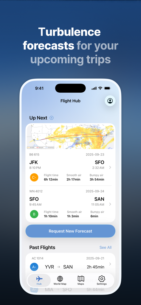 Turbulence Forecast - Pantalla del centro de vuelos de la aplicación Pronóstico de Turbulencia que muestra predicciones de aire suave y turbulento para próximos viajes