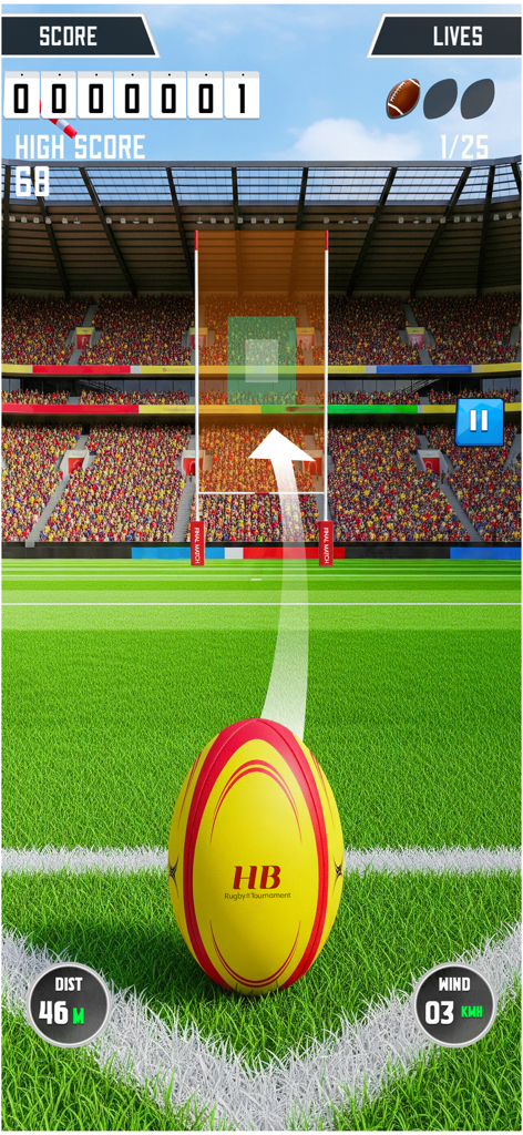 Rugby ball kick aiming at goalposts in a crowded stadium with wind and distance indicators