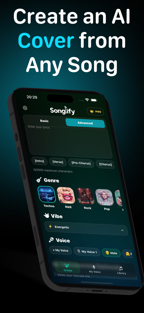 AI Song Generator - Songlify - Interface of the Songlify app showing options to select genre vibe and voice for an AI generated song
