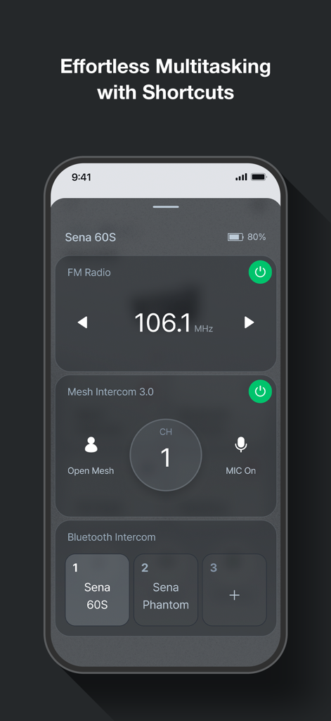 Sena Motorcycles - Tableau de bord de l'application Sena Motorcycles montrant les réglages de l'intercom radio Mesh et Bluetooth