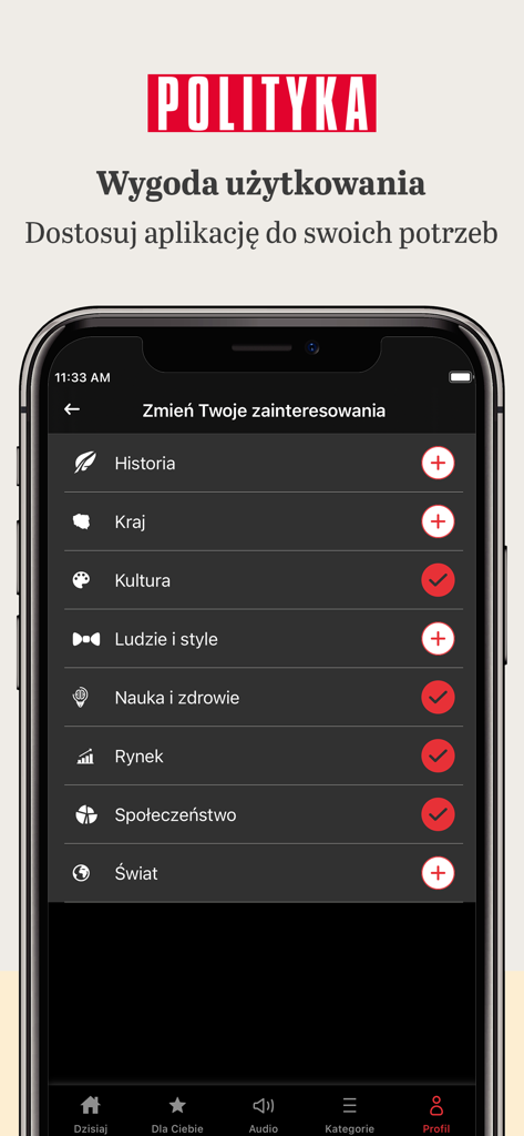 A smartphone displaying the interest customization screen in the Polityka app with a list of news categories like history and culture in Polish