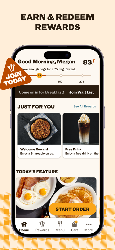 Cracker Barrel app home screen featuring rewards progress tracking and personalized meal deals
