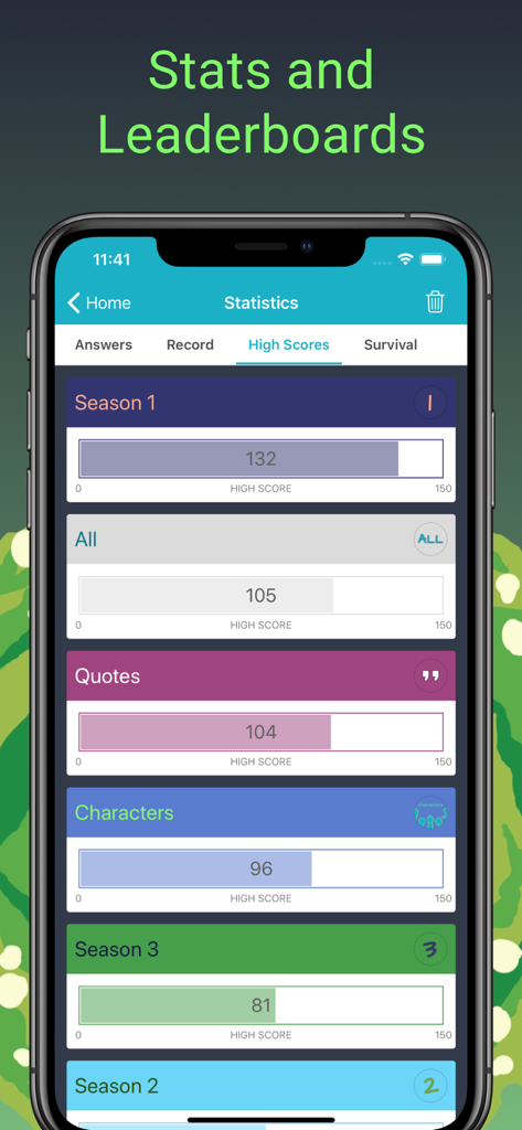 Rick and Morty trivia app statistics page showing high scores for seasons, quotes, and characters.
