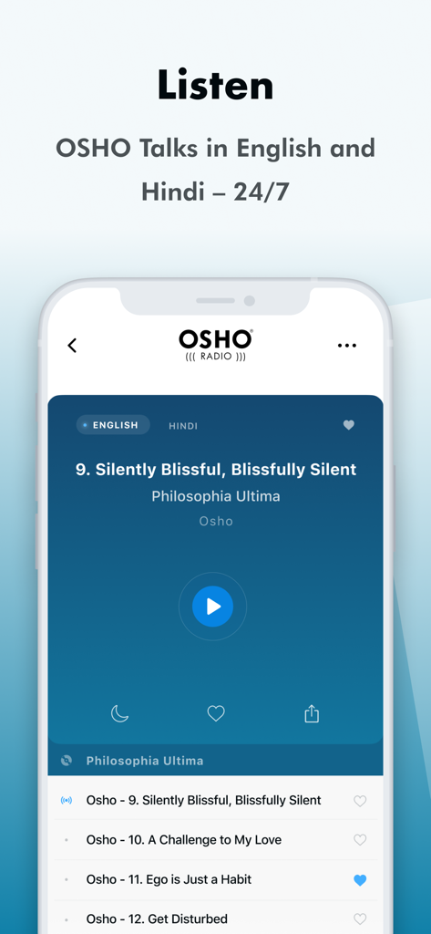 iOSHO - Interface of the iOSHO app showing the OSHO Radio player featuring spiritual talks