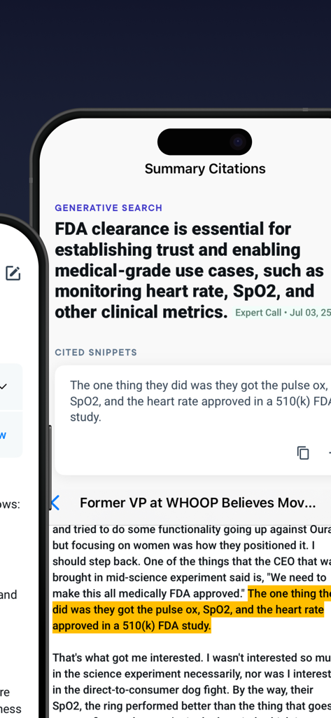 AlphaSense - AlphaSense mobile app displaying generative AI search results and verifiable source citations.