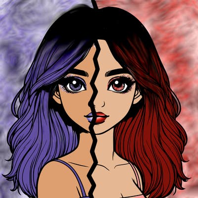 realistic girl split into two