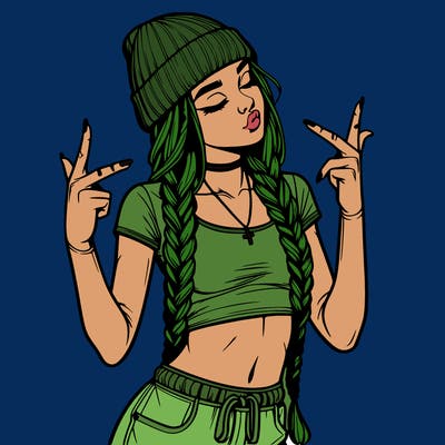 realistic teenage girl with braids and a beanie and crop top doing 🫶🏼