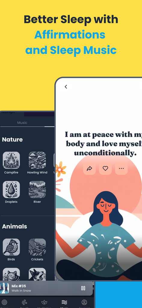 Clarymind app interface showing sleep music options and a positive affirmation for better sleep