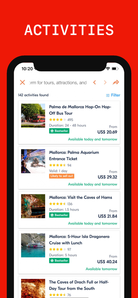 Mallorca Reiseführer-App zeigt eine Liste buchbarer Aktivitäten und Touren mit Preisen.