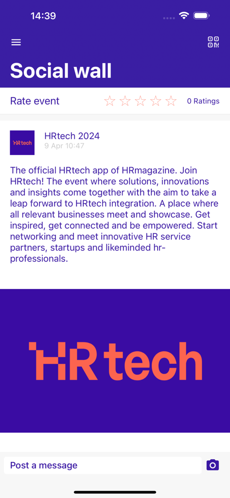 HRtechモバイルアプリのソーシャルウォール画面。イベントロゴを含む投稿と、イベントの評価セクションがあります。