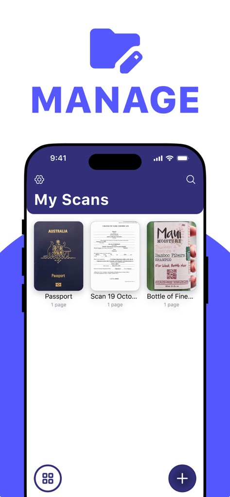 Document Scanner to PDFアプリのインターフェイスに、パスポートと証明書を含むスキャンされたドキュメントのフォルダが表示されています。