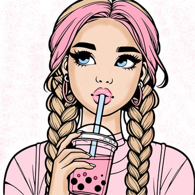 realistic girl with braided hair drinking boba
