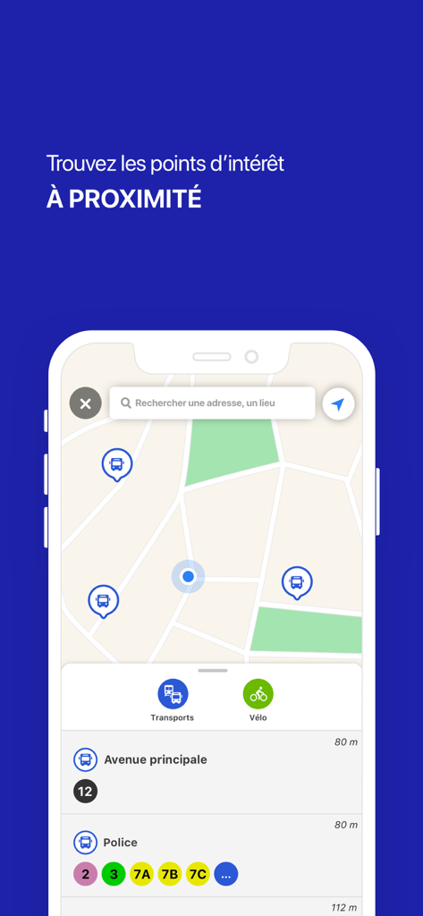 réseau Mistral - Une interface de carte dans l'application Réseau Mistral affichant les arrêts de bus à proximité et les options de transport à Toulon