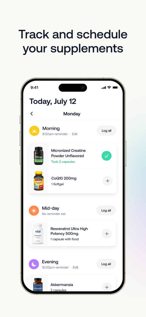 SuppCo mobile app interface showing a daily supplement schedule with morning mid-day and evening reminders