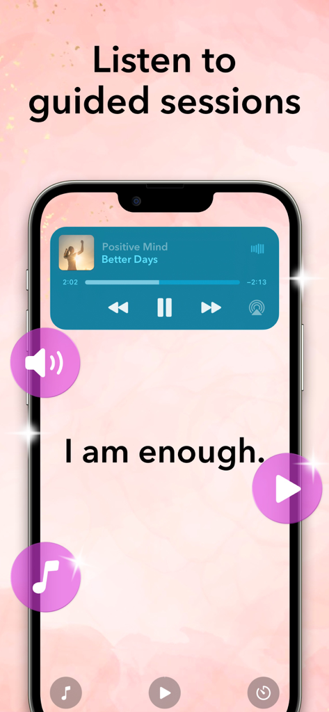 I am + AI Affirmations Widget - Interfaz de smartphone que muestra una sesión de afirmación guiada con el texto Yo soy suficiente.