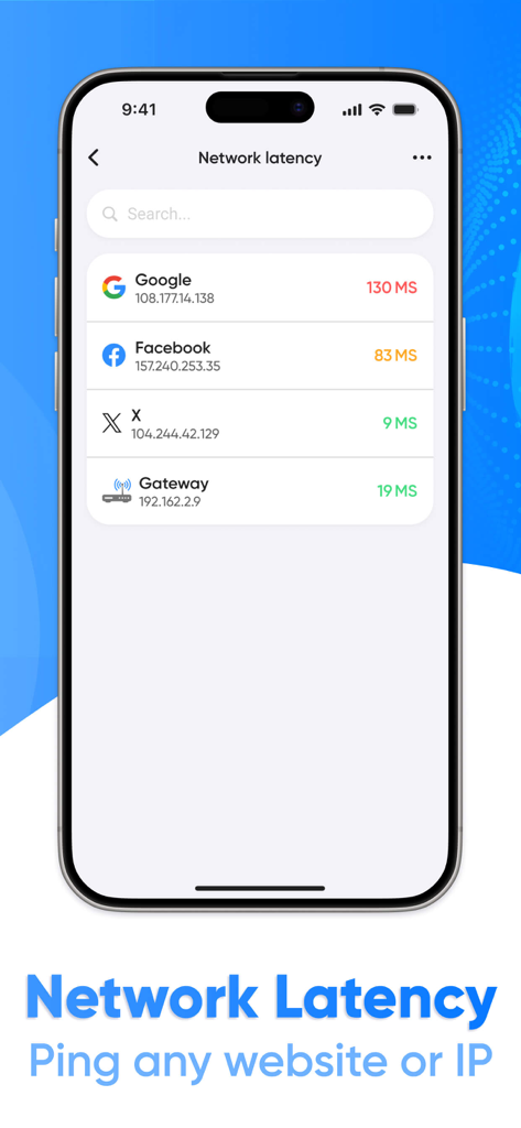 Interfaz de la aplicación WIFI analyzer que muestra los resultados de latencia de red y ping para sitios web como Google y Facebook.
