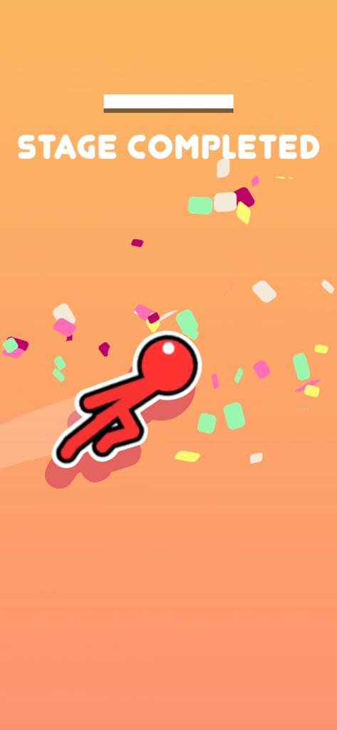 Personaggio stickman rosso che balla tra coriandoli colorati con il testo Stage Completed su uno sfondo arancione